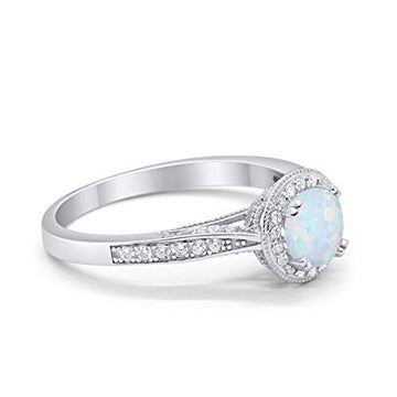 Halo Engagement Promise Ring Round Lab Created White Opal 925 Sterling Silver